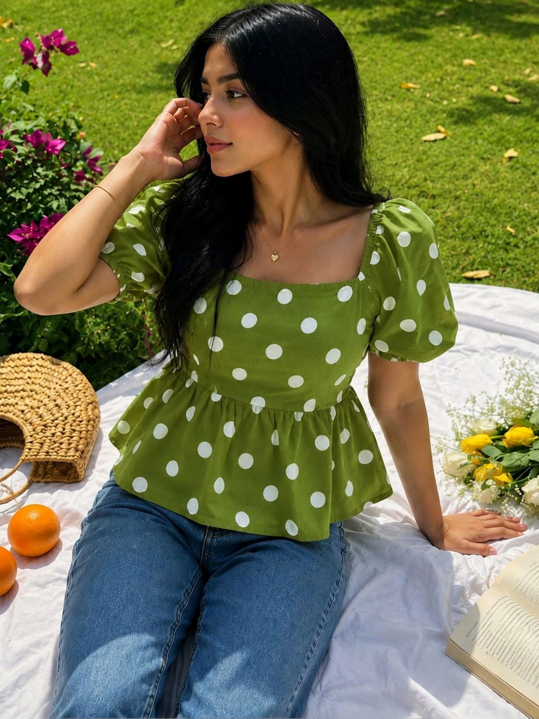 God Bless Polka Dot Print Puff Sleeve Cotton Blend Peplum Top