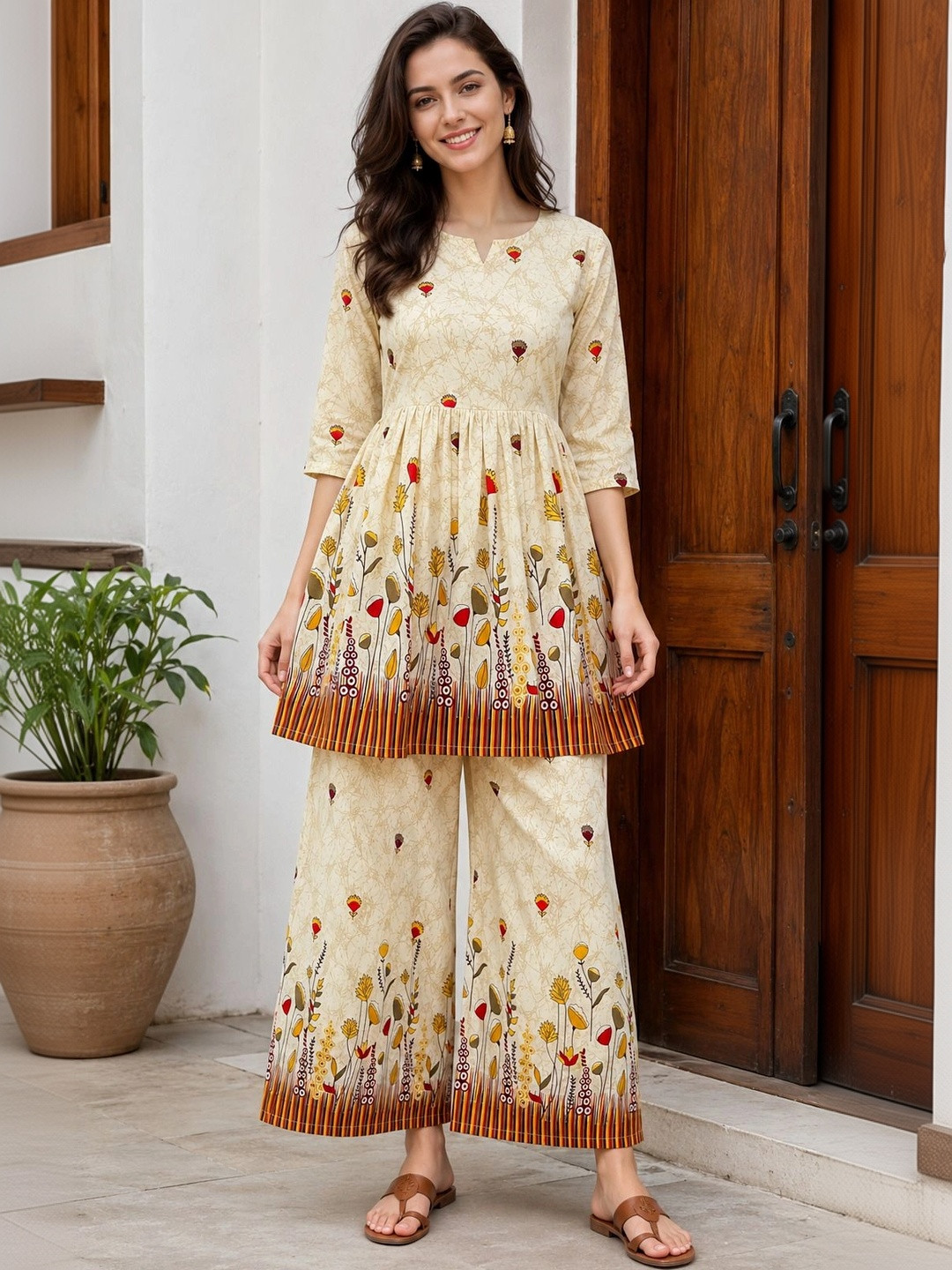 EVANORA Floral Printed Top with Palazzos