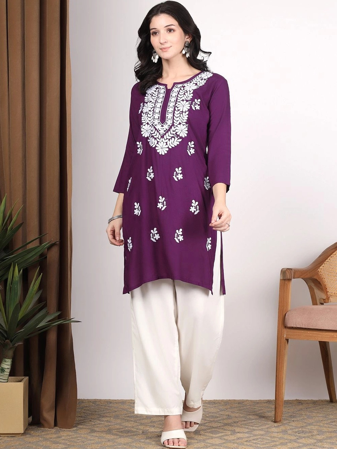 TOP N THREAD Ethnic Motifs Embroidered Chikankari Liva Blend Chikankari Kurti