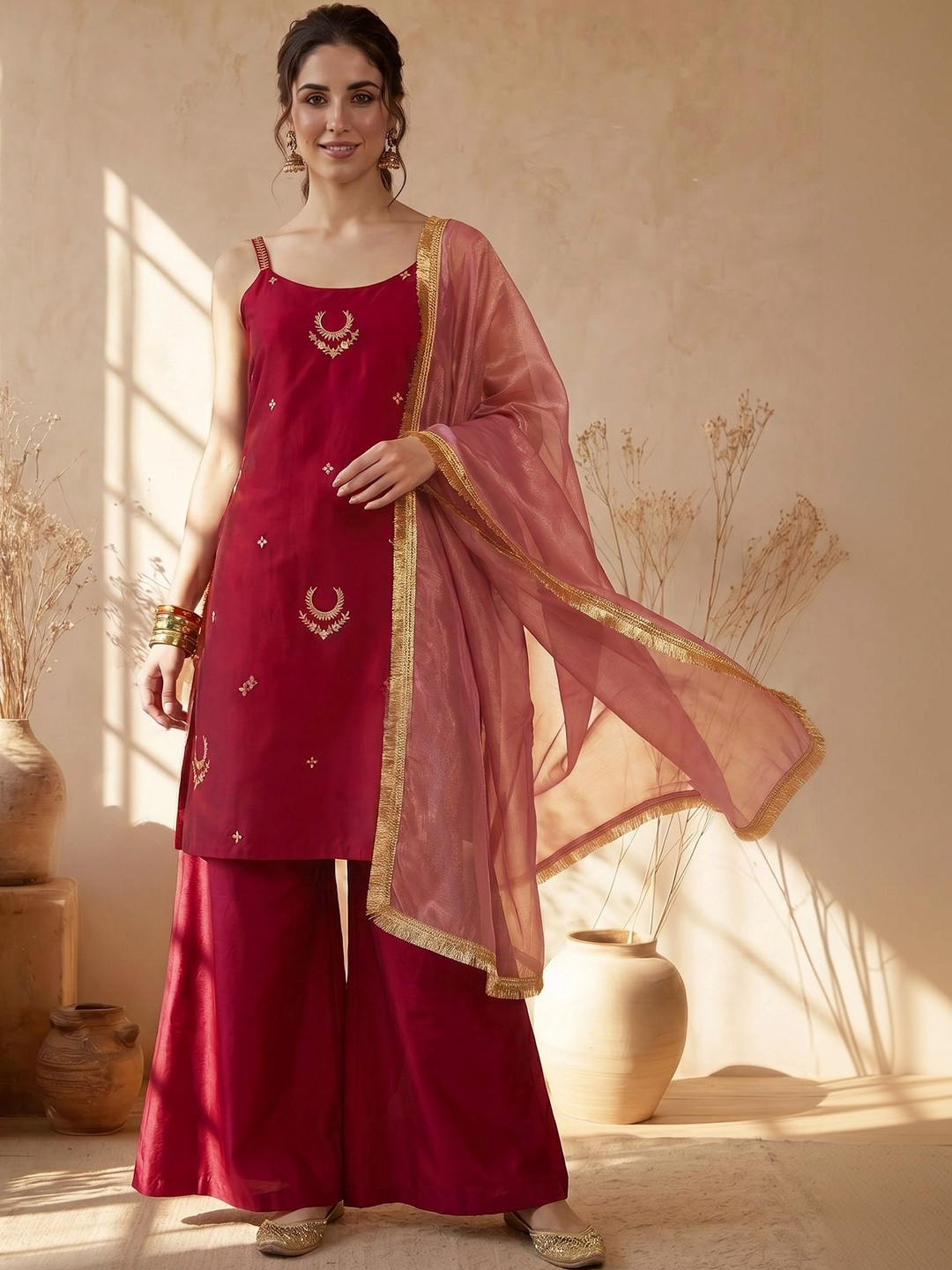 AVANSHEE Women Ethnic Motifs Embroidered Regular Thread Work Kurta with Trousers & With Dupatta