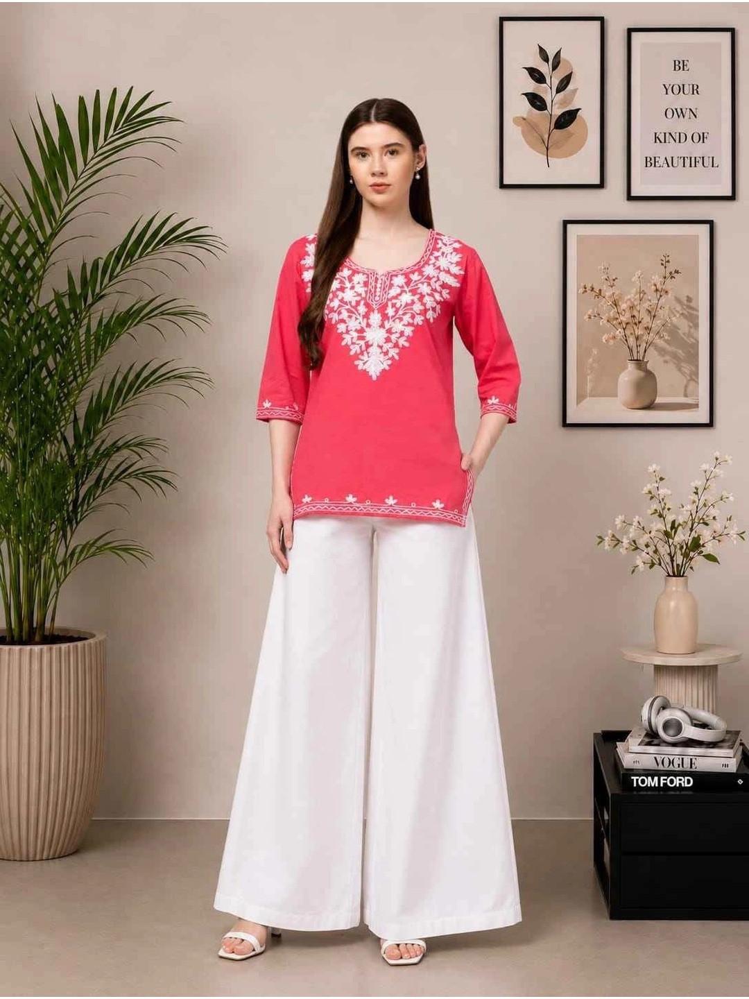 DIAMOND RUBY Women Floral Embroidered Regular Chikankari Kurti with Palazzos