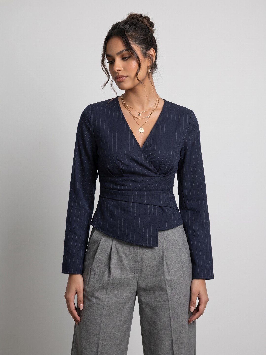 Phosphorus V-Neck Slim Fit Gathers Striped Top