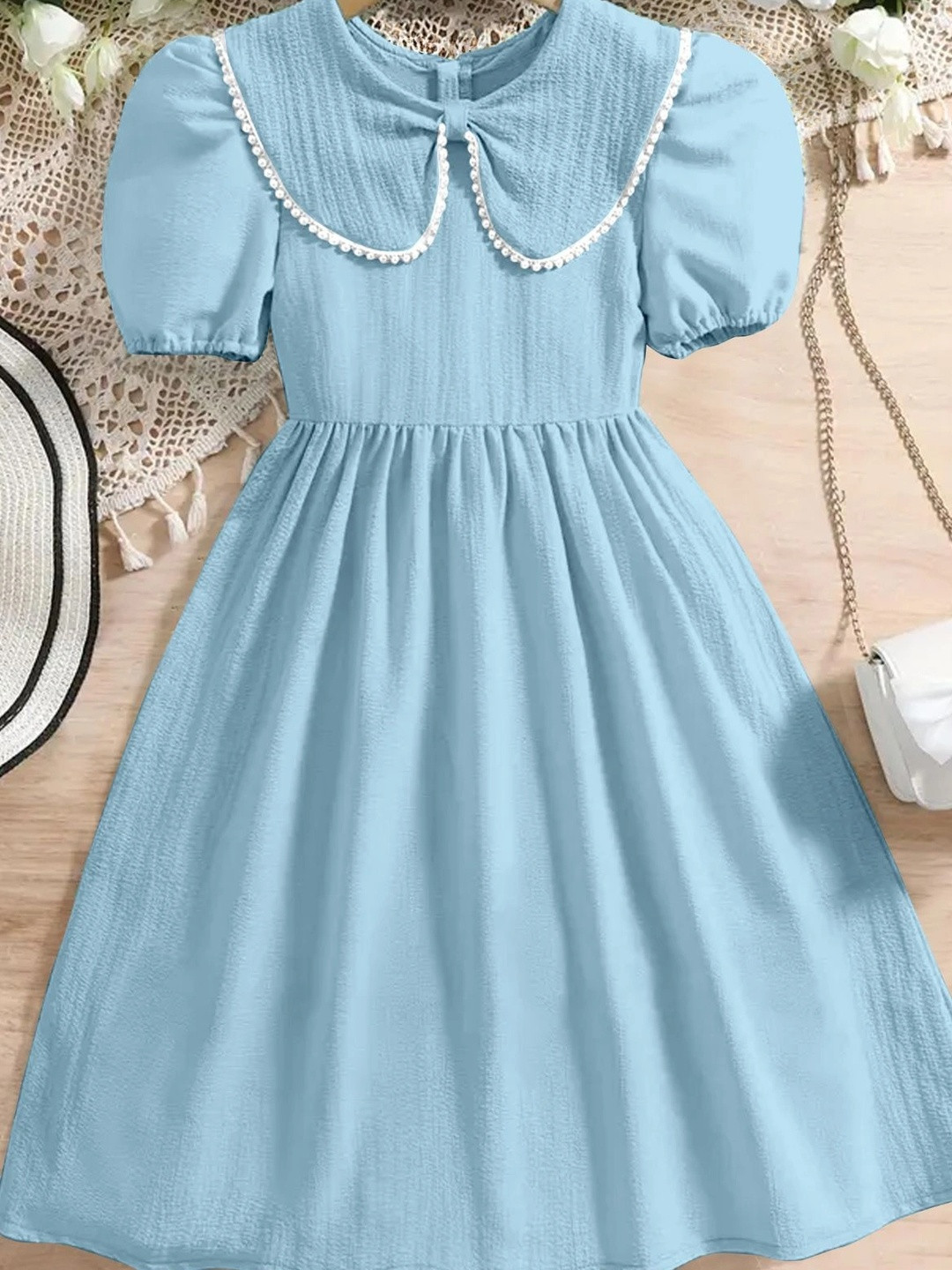 MENSBIT Peter Pan Collar Puff Sleeve Ruffled A-Line Dress