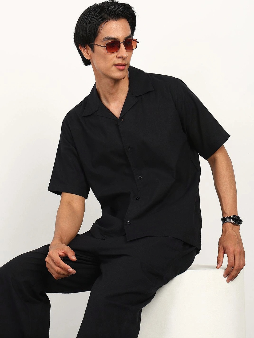 FABMADE Solid Black Cotton Linen Co-ord Set (Trouser & Shirt)