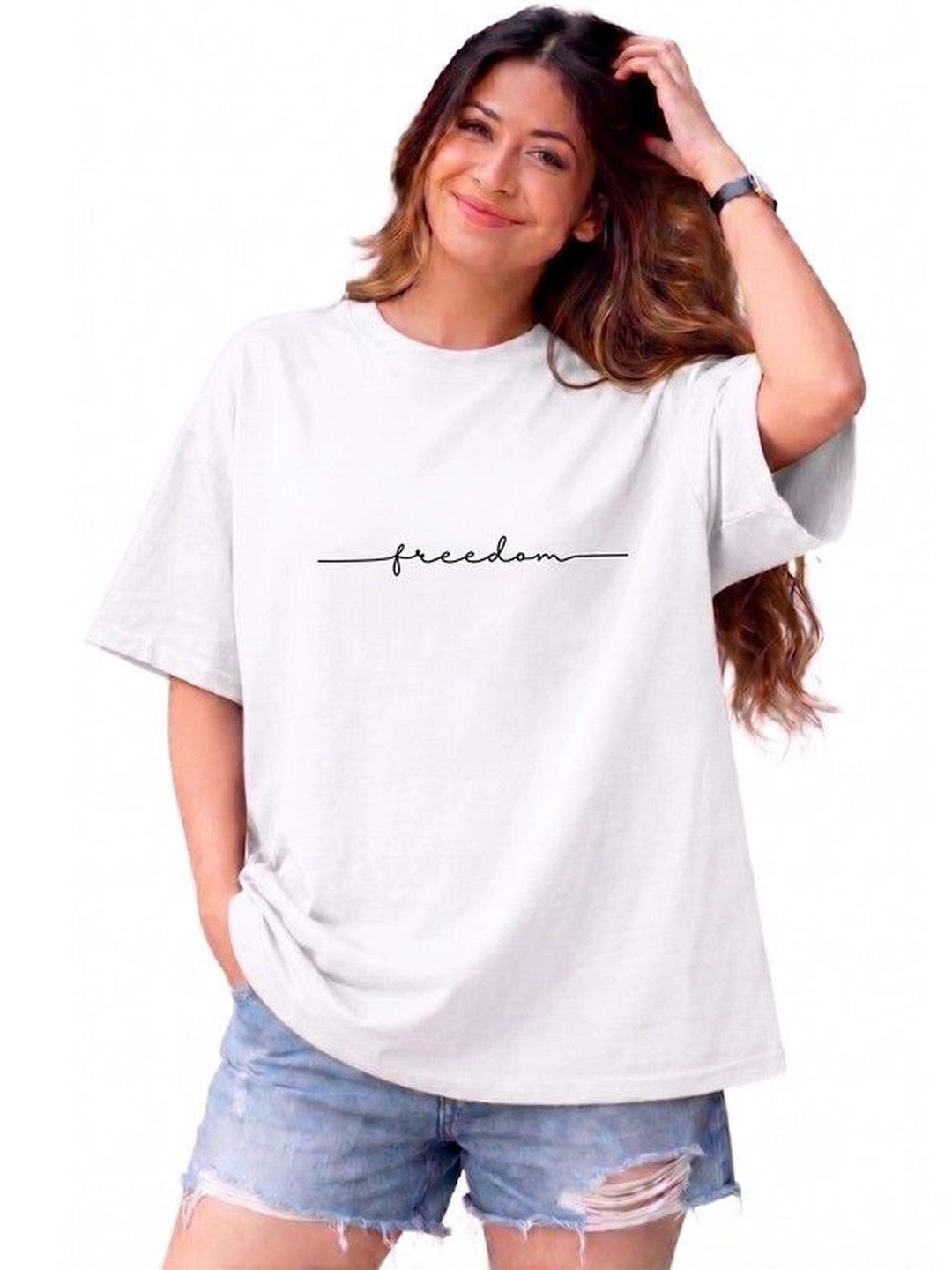 9TUNKI Women Typography Printed Drop-Shoulder Sleeves Pure Cotton T-shirt