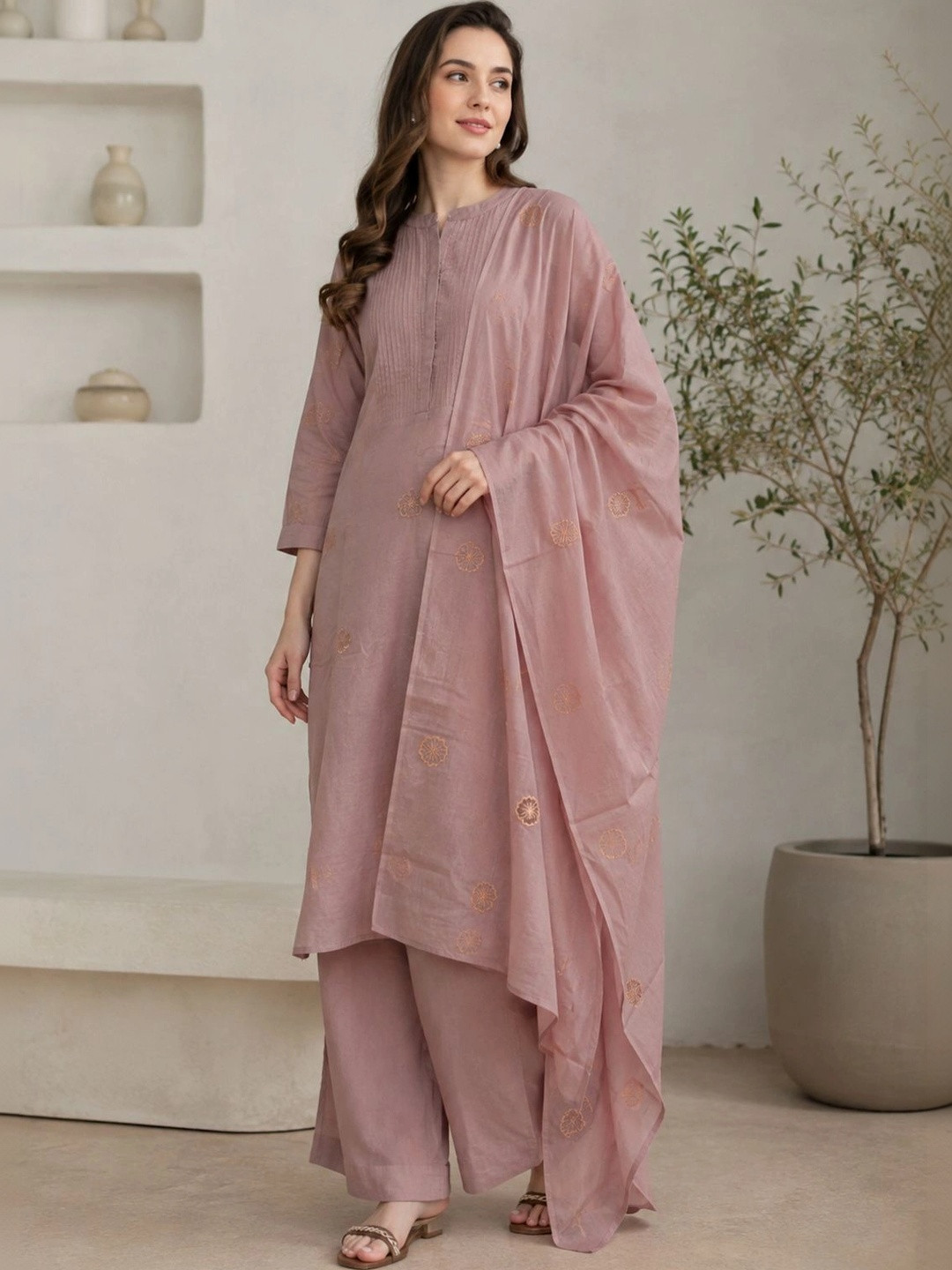 JAIPUR KURTI LUXE Women Ethnic Motifs Embroidered Regular Thread Work Pure Cotton Kurta with Palazzos & With