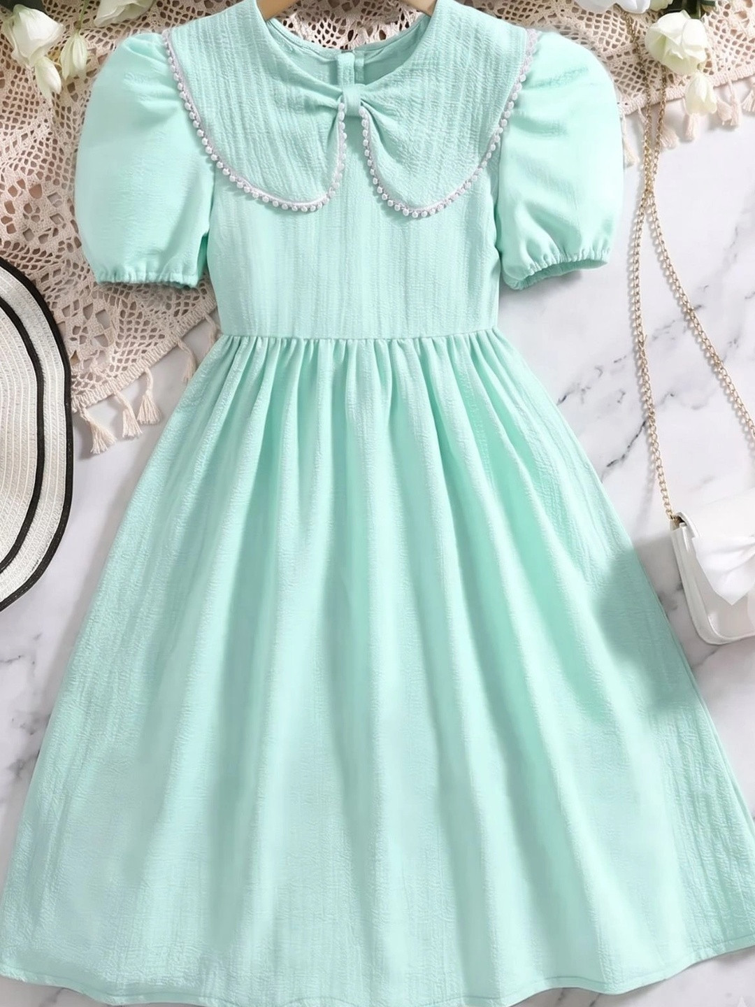 MENSBIT Peter Pan Collar Puff Sleeve Ruffled A-Line Dress