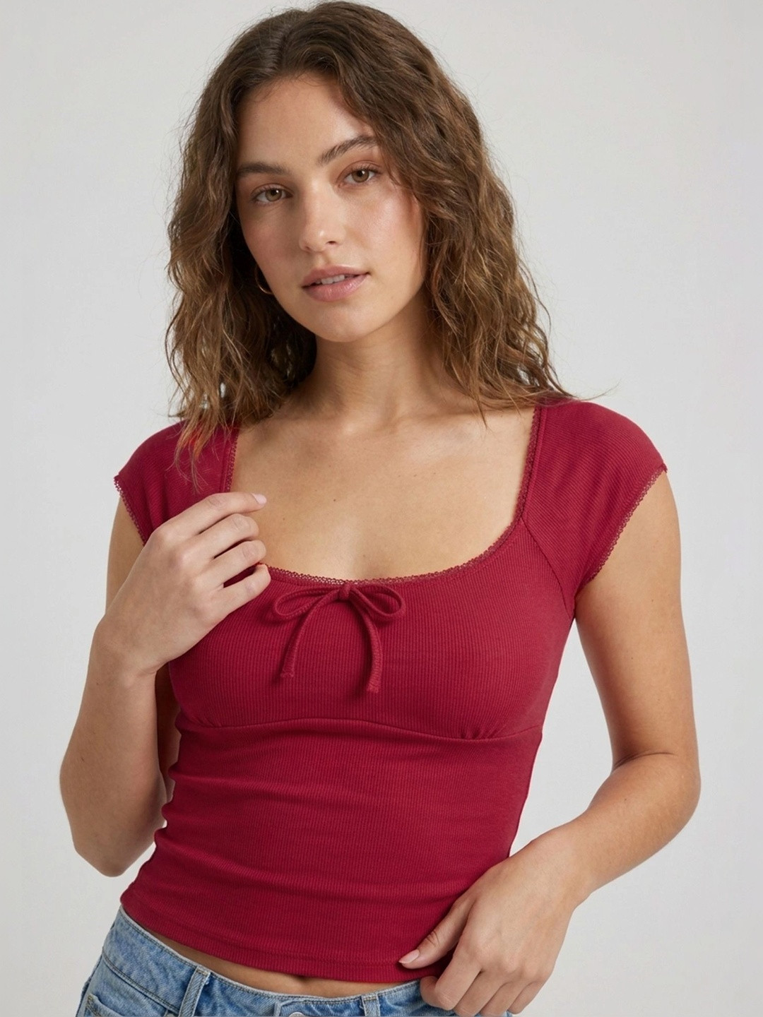 LULU & SKY Women Square Neck Cap Sleeves Fitted Top