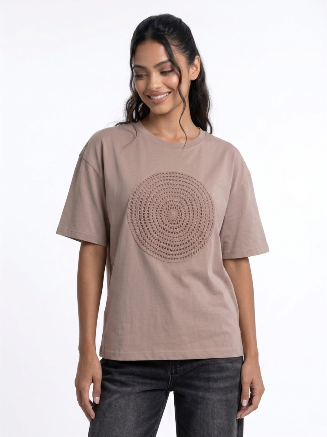 glitchez Drop-Shoulder Sleeves Pure Cotton Applique Oversized Fit T-shirt