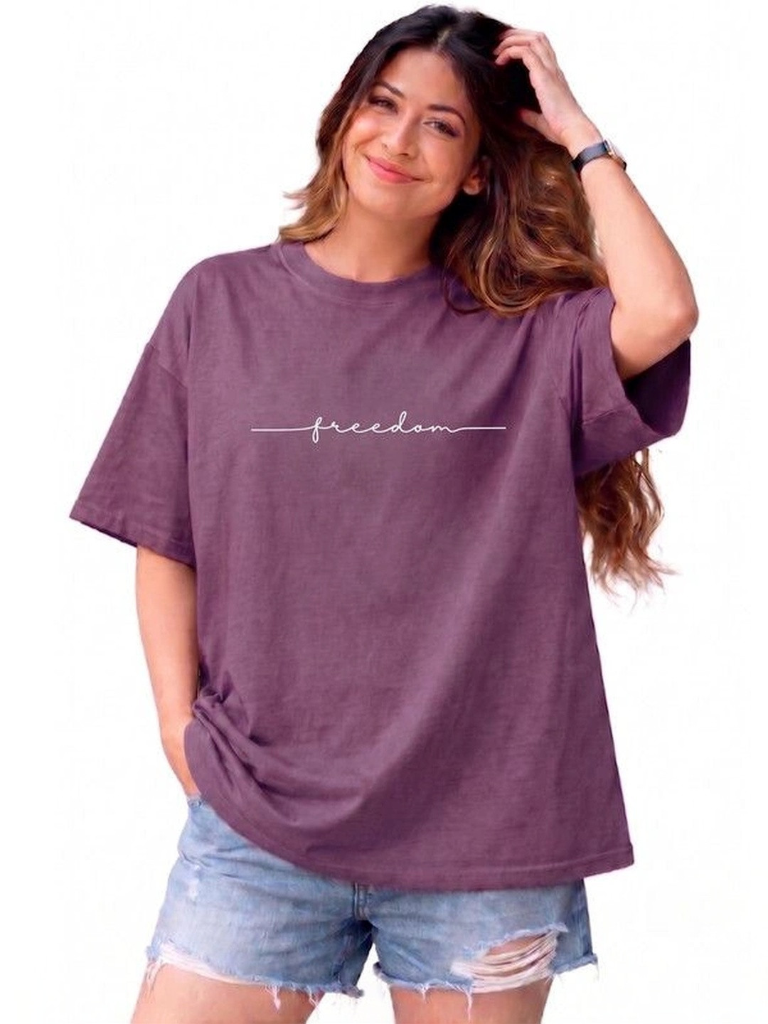 9TUNKI Women Typography Printed Drop-Shoulder Sleeves Pure Cotton T-shirt