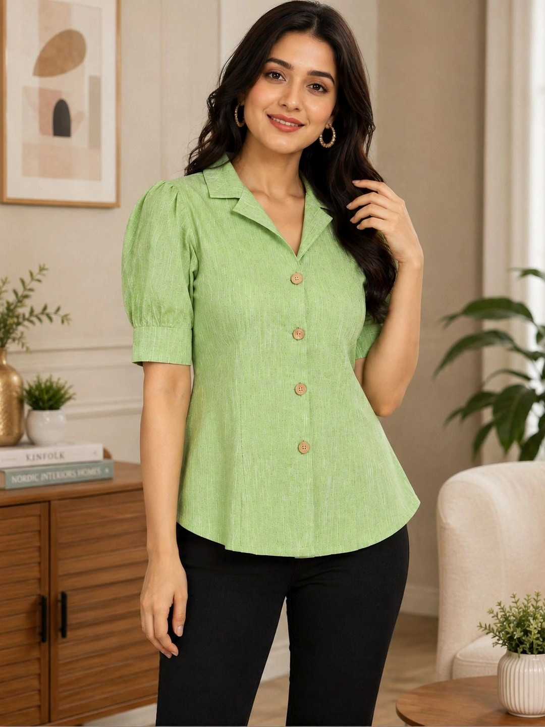 SEVEN FLOWER Puff Sleeve Cotton Blend Top