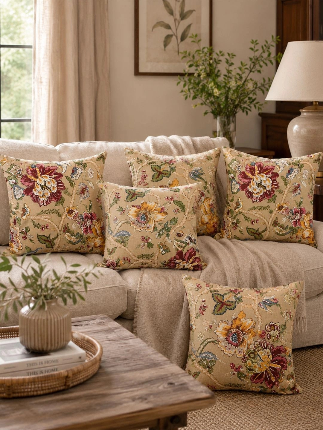 Aura Beige Set of 5 Floral Square Cushion Covers