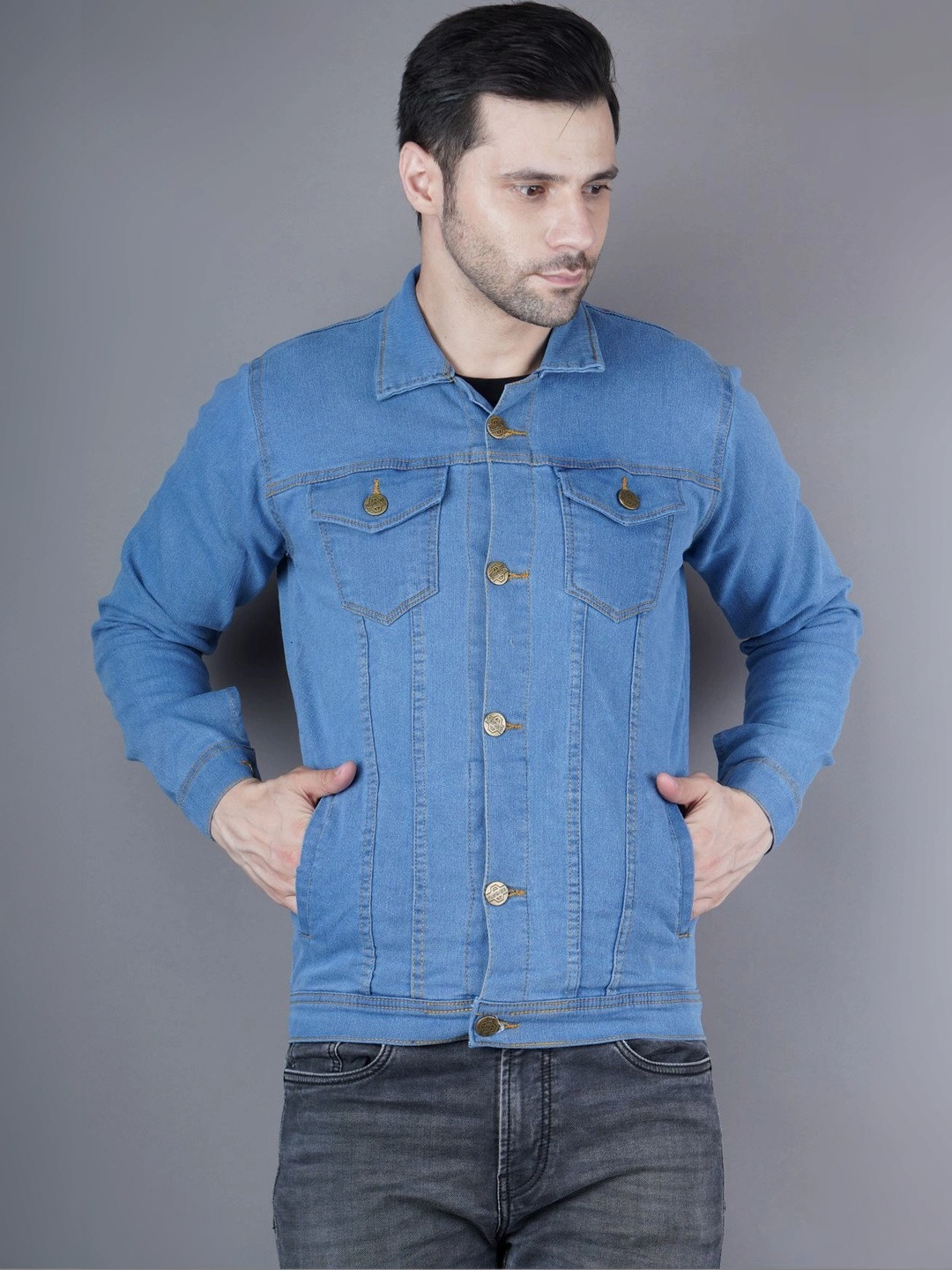 LINARIA Men Spread Collar Solid Denim Jacket