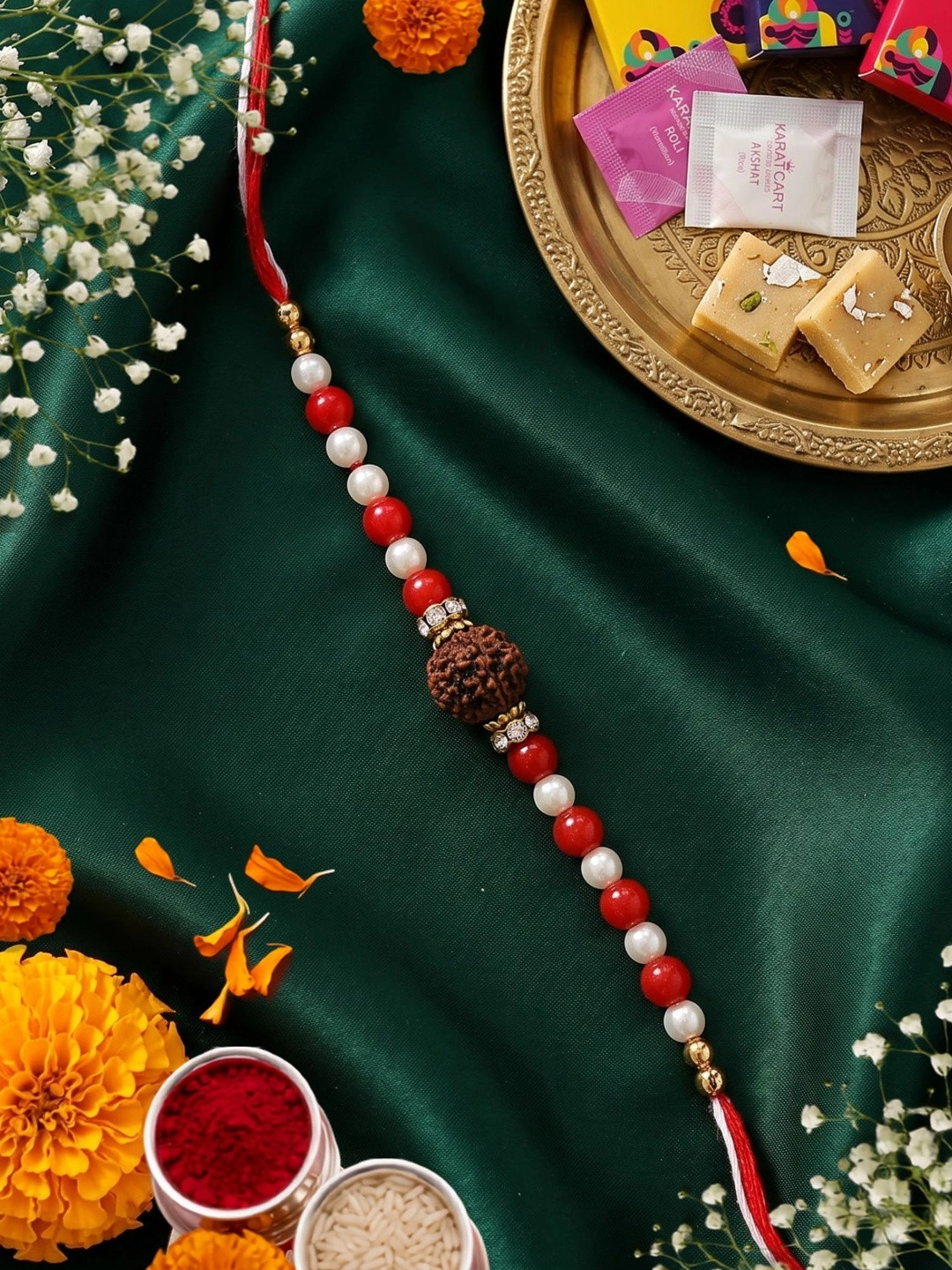 KARATCART Beaded Rudraksha Bhaiya Thread Rakhi With Roli Chawal