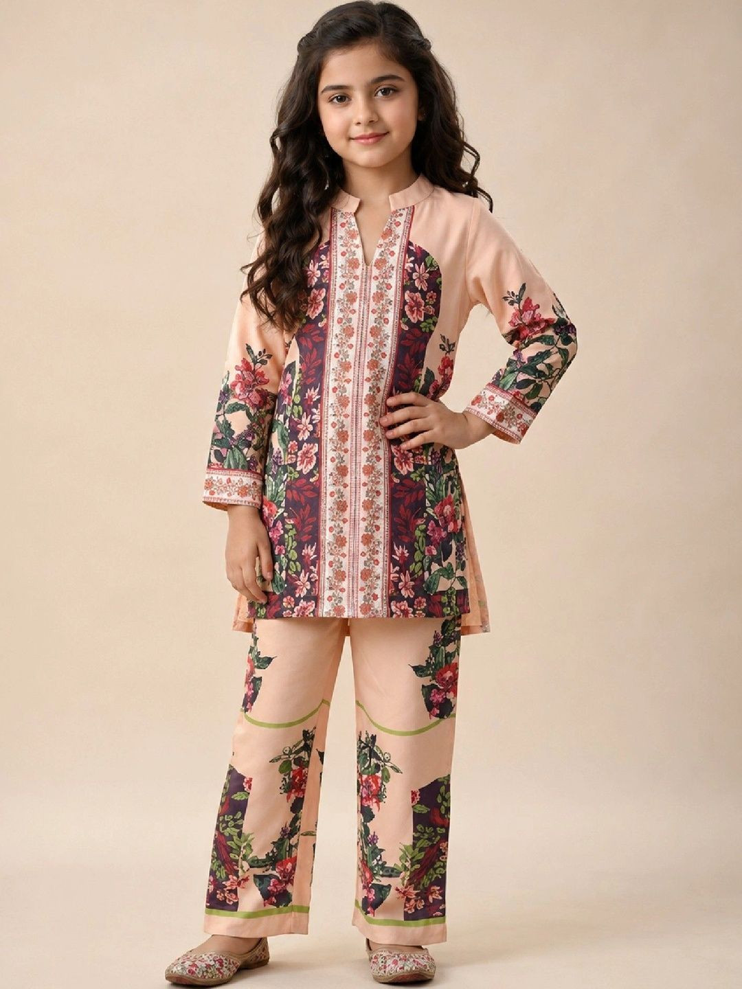 Huggle Boo Girls Peach Turkish Print Kurta Collar Co-Ords Set