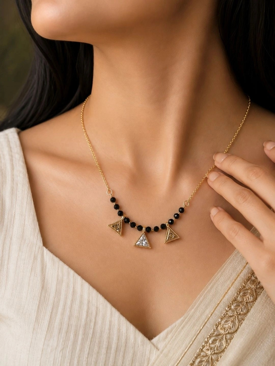 Zeviel Gold-Plated Artificial Stones and Beads Mangalsutra