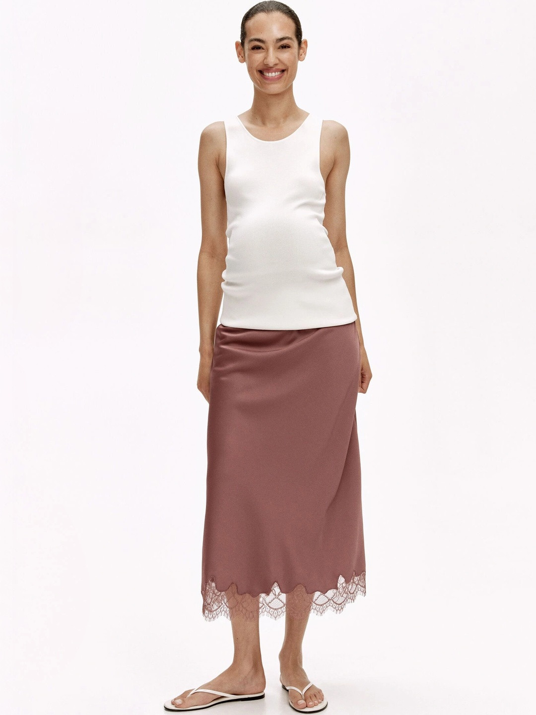 H&M Women Satin Lace Frills Bows and Ruffles Midi A-Line Skirt