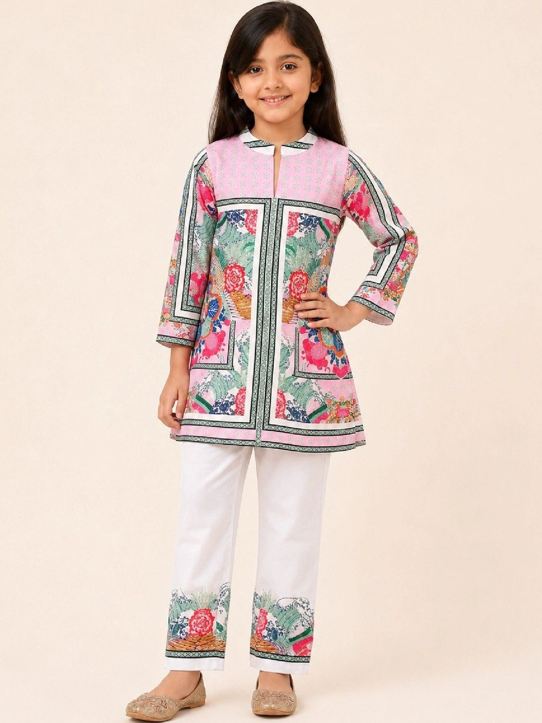Huggle Boo Girls Pink Floral Printed Kurta Co-Ords Set