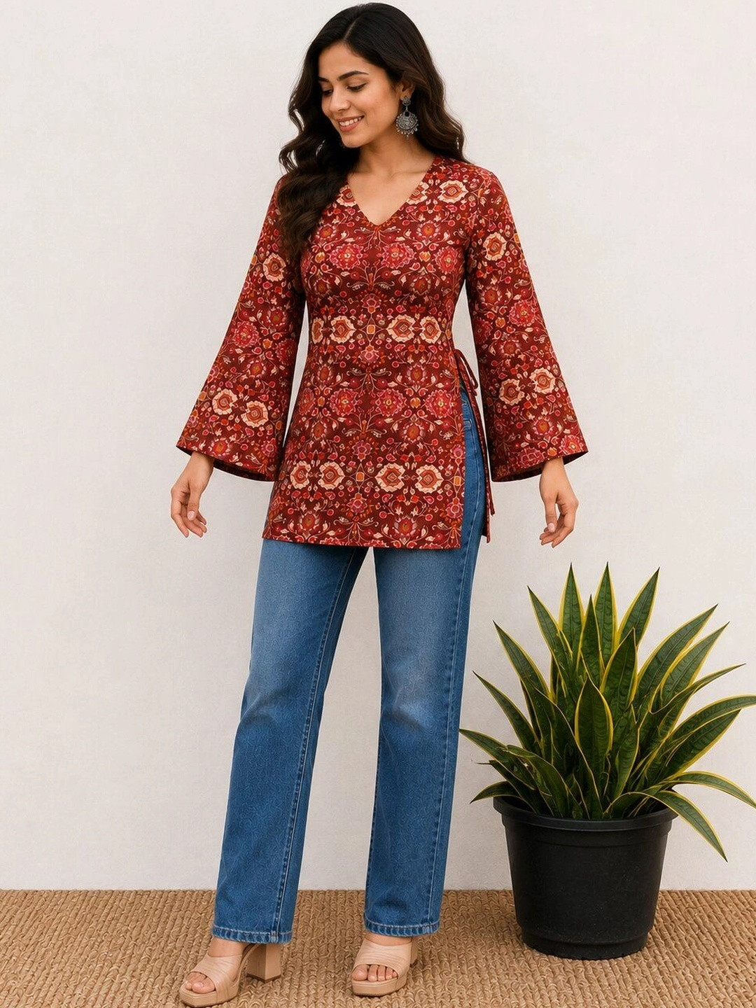 RAJAM Floral Printed V-Neck Flared Sleeves Pure Cotton Kurti