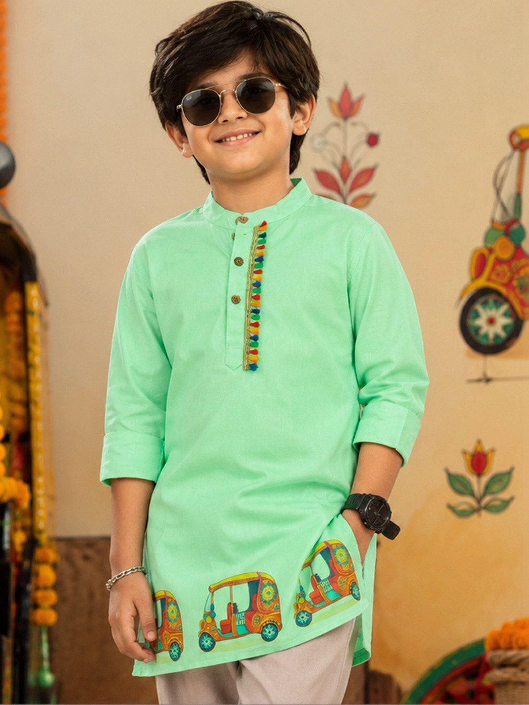 KiddoPanti Boys Quirky Printed Thread Work Quirky Kurta