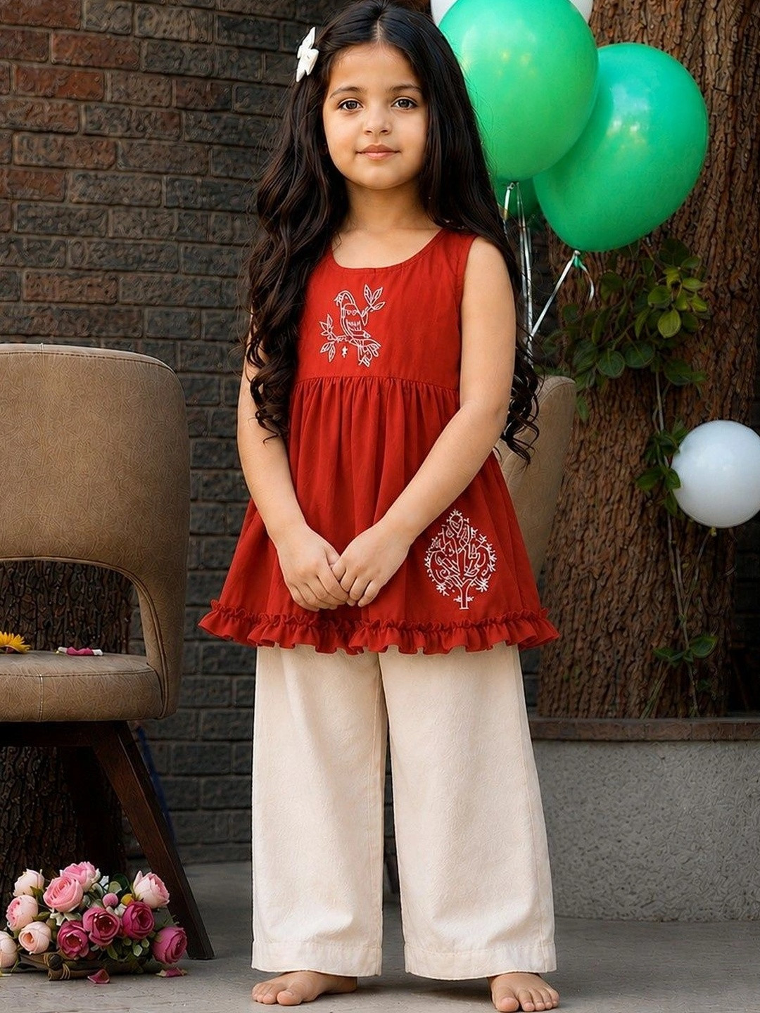 Sangria Girls Ethnic Motifs Embroidered Regular Thread Work Pure Cotton Top with Palazzos