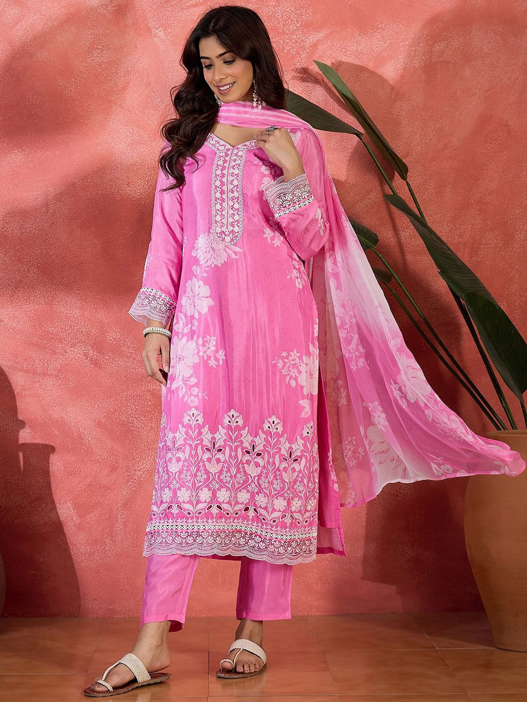 Sangria Women Floral Embroidered Silk Kurta with Trousers & Dupatta