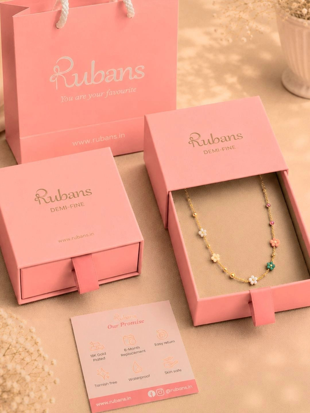 Rubans Demifine 18k Gold Plated Stainless Steel Mini Multi-Floral Charm Necklace