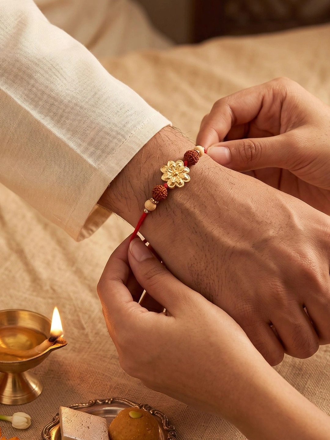 KARATCART Gold Plated Floral Kundan Rudraksha Studded Bhaiya Thread Rakhi & Roli Chawal