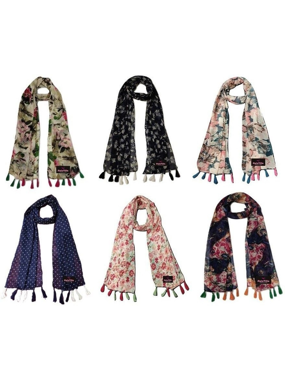 XMSFASHION Pack Of 6 Women Printed Poly Chiffon Stoles