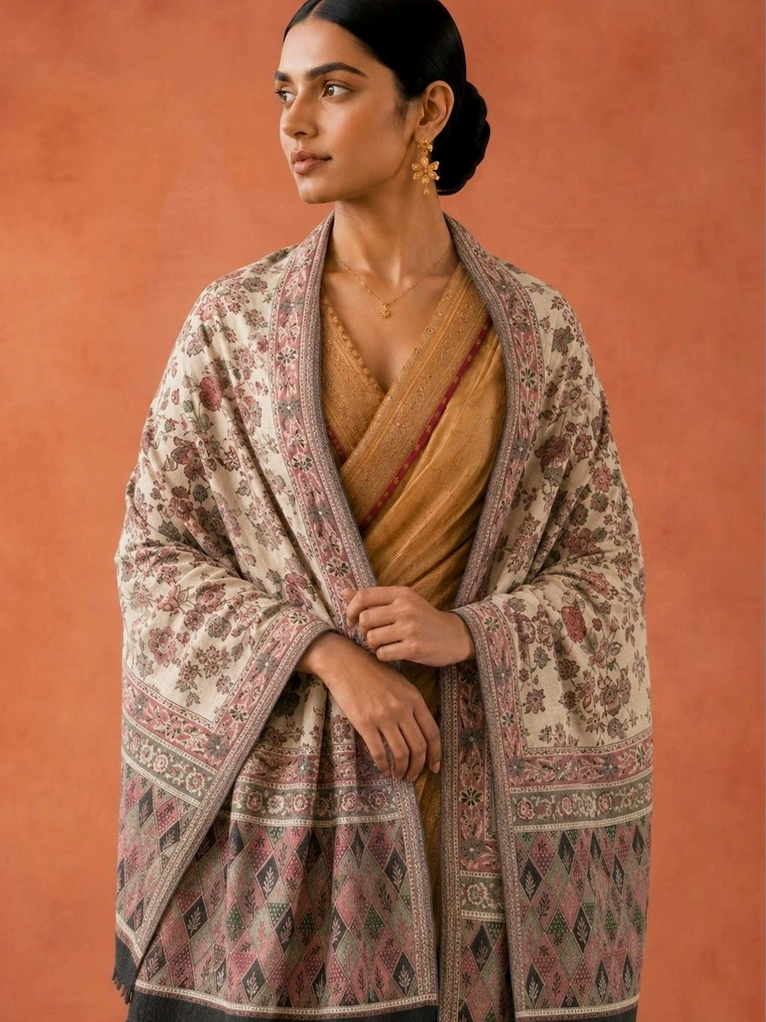 Sangria Women Ethnic Floral Woven Design Pashmina Fringed Border Stole
