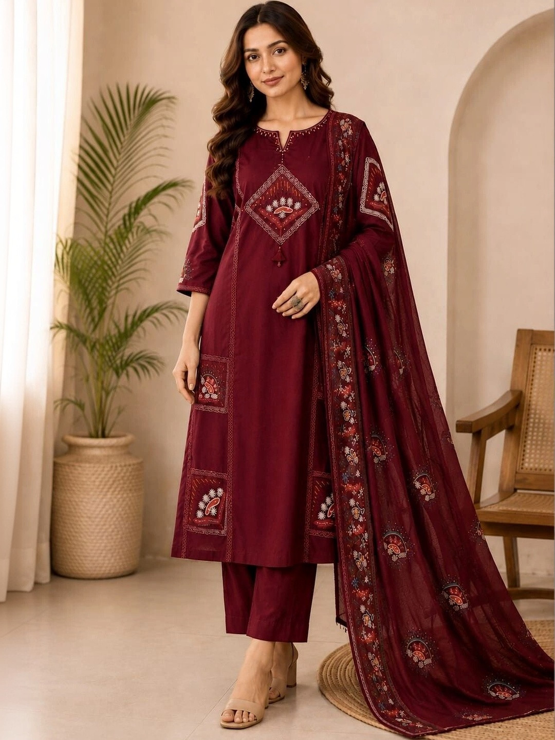 Sangria Women Ethnic Motifs Embroidered Regular Thread Work Pure Cotton Kurta with Trousers & With Dupatta