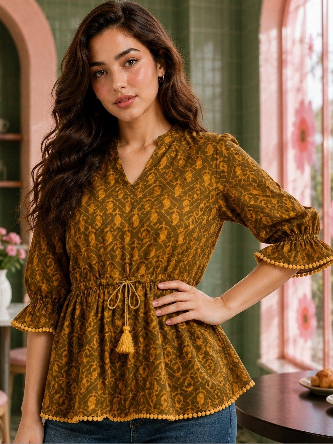 Deewa Print Flared Sleeve Bohemian Cotton Peplum Top