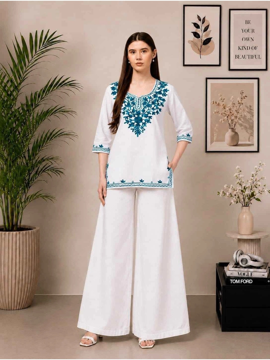 DIAMOND RUBY Women Ethnic Motifs Embroidered Regular Thread Work Kurti with Palazzos
