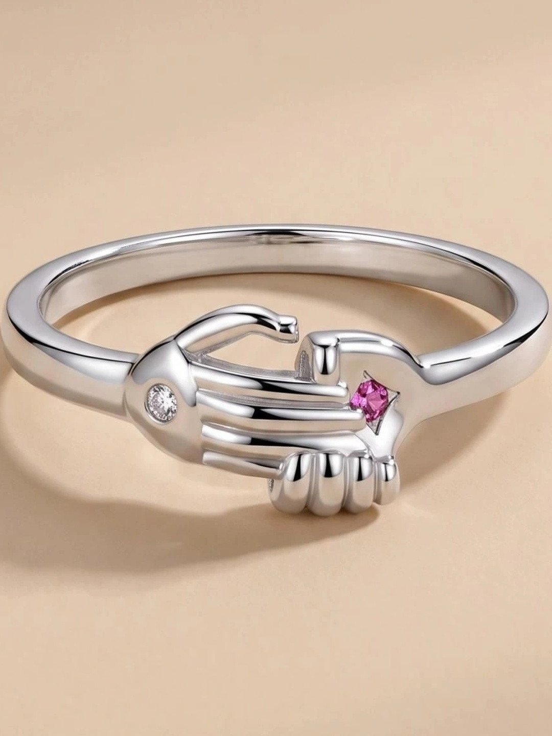 MYKI Women Silver-Plated CZ Stone Studded  Dazzling Hand Shake Adjustable Ring