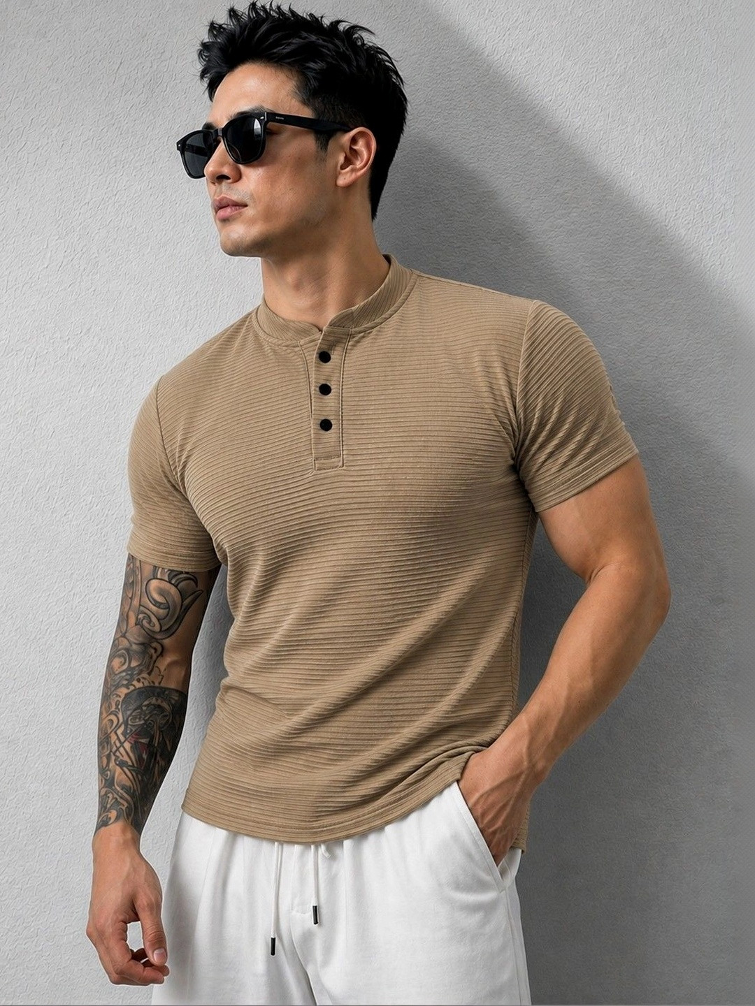 RUFICA Men Mandarin Collar T-shirt
