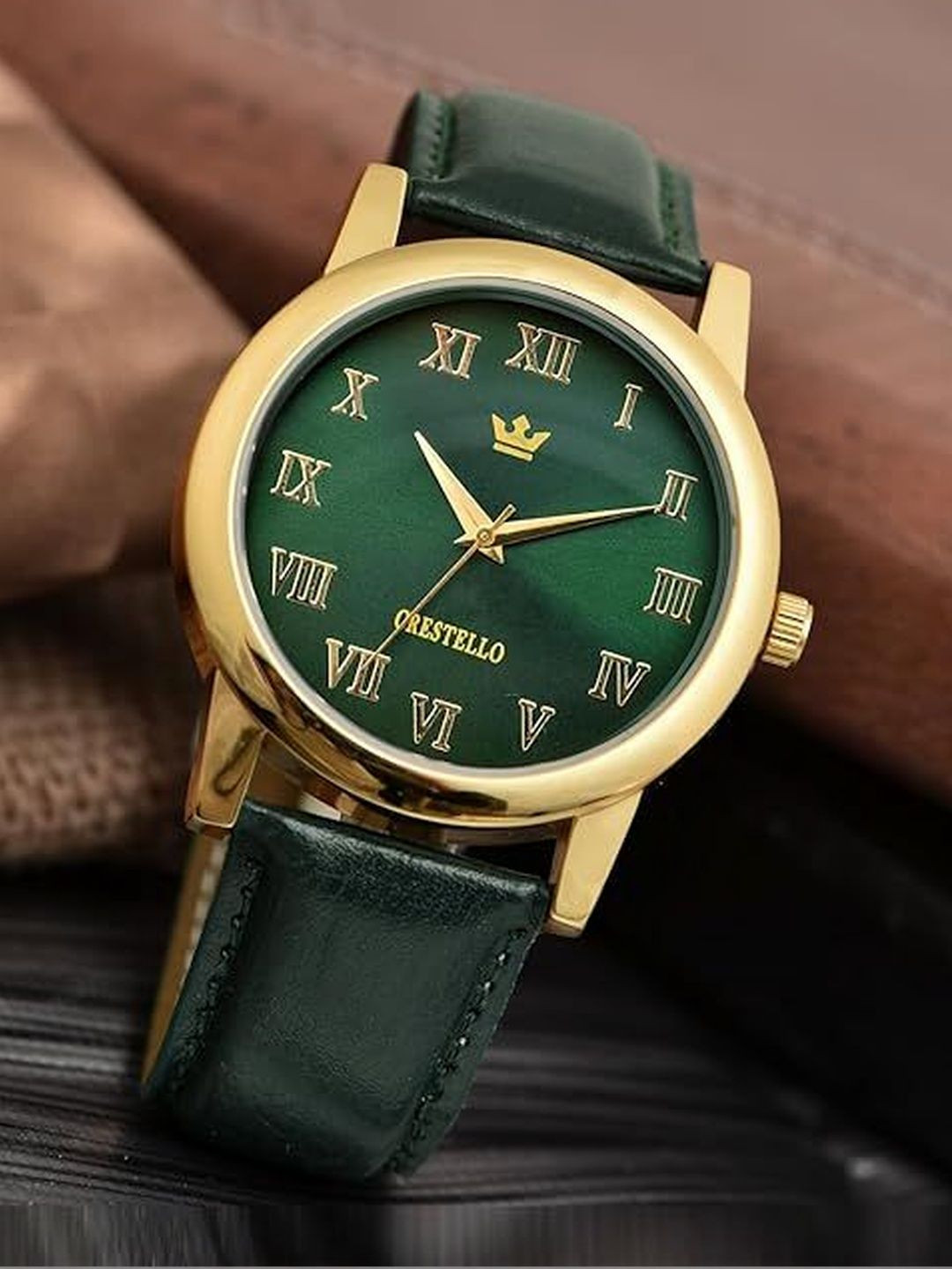 CRESTELLO Men Dial & Leather Straps Analogue Watch CR-GLD252-GRN