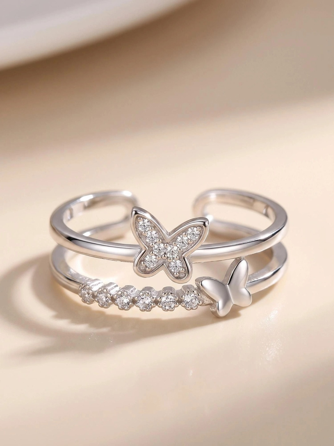 MYKI Silver-Plated CZ-Studded Butterfly Adjustable Finger Ring