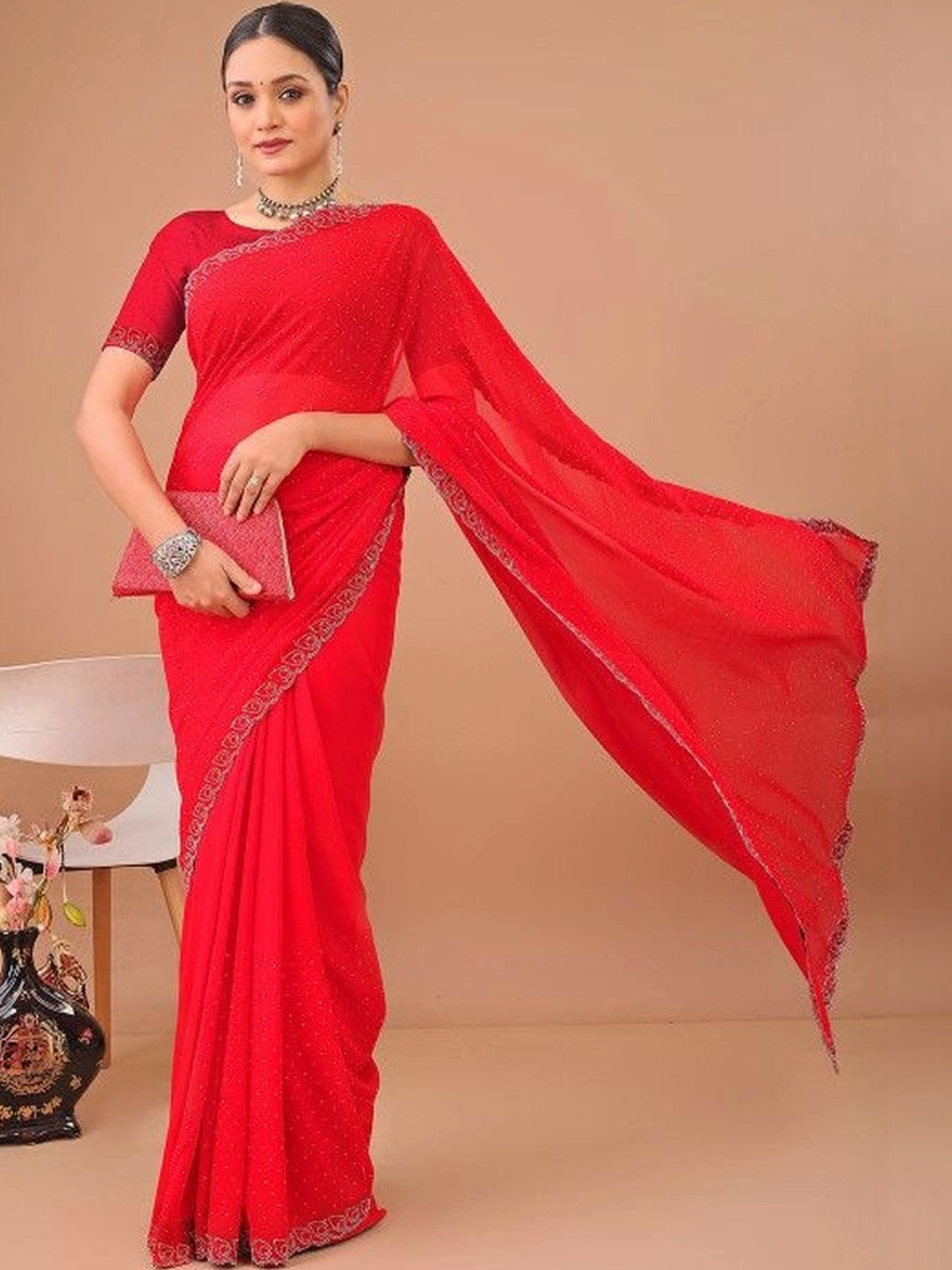 Leelavati Embellished Beads and Stones Pure Chiffon Saree