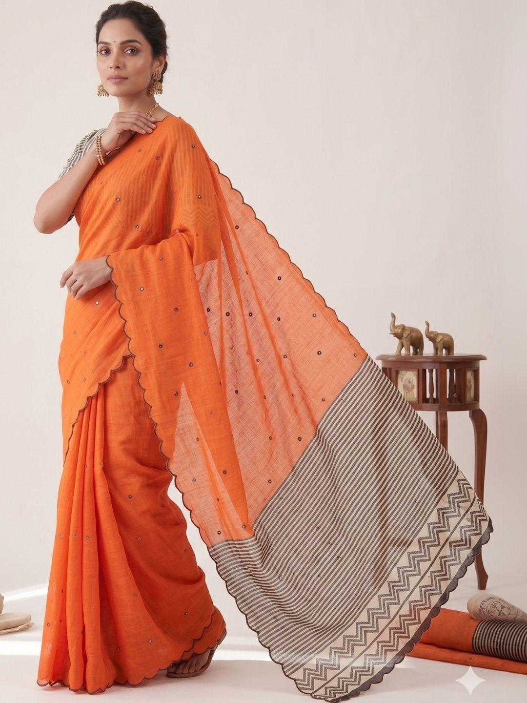 Tankori Embellished Mirror Work Pure Linen Saree