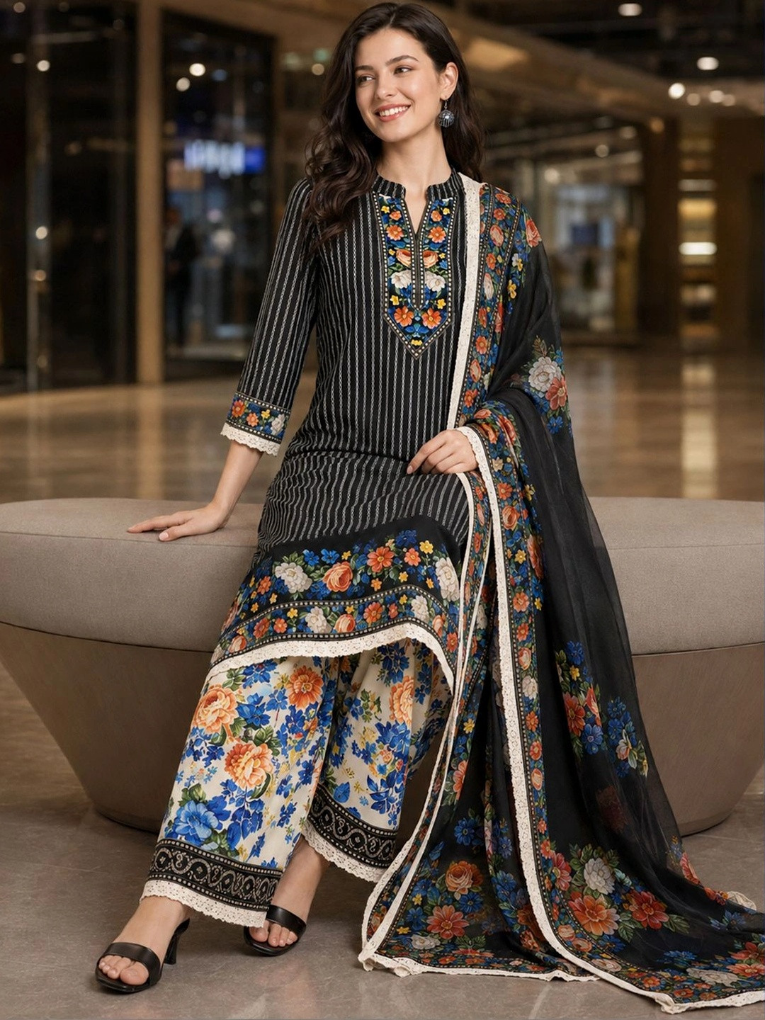Anouk Black Dobby Woven Cotton Kurta Set with Floral Printed Trousers & Organza Dupatta