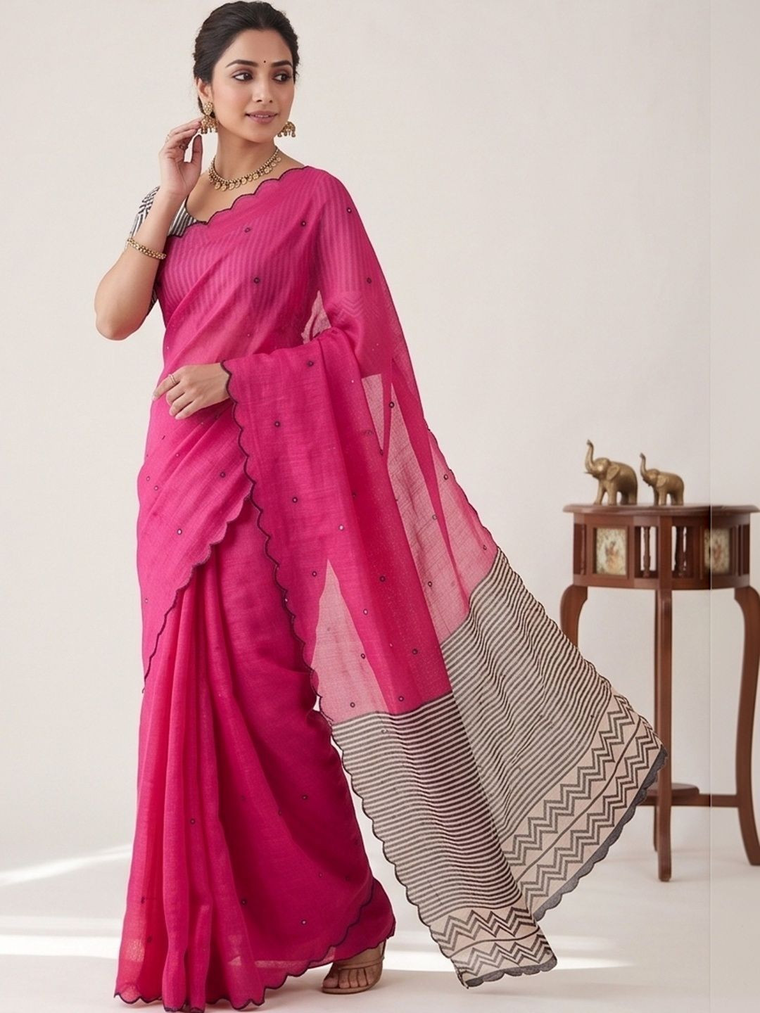 Tankori Embellished Mirror Work Pure Linen Saree