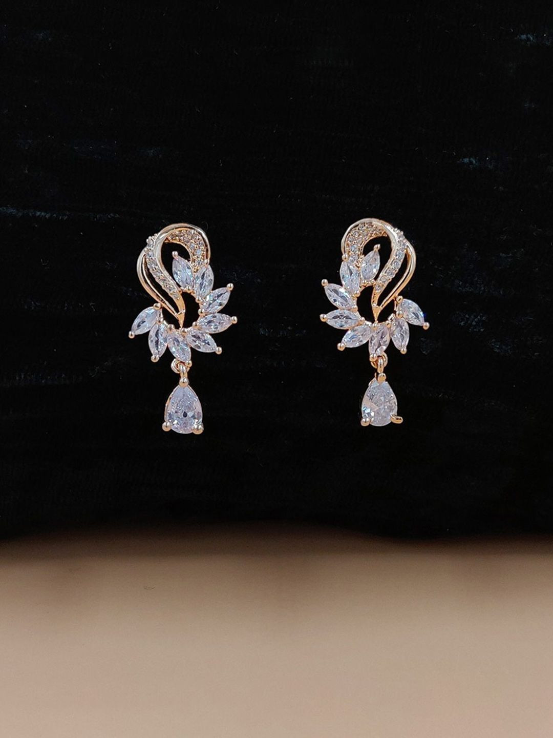 JYONA Rose Gold-Plated American Diamond & CZ Studded Floral Shaped Drop Earrings
