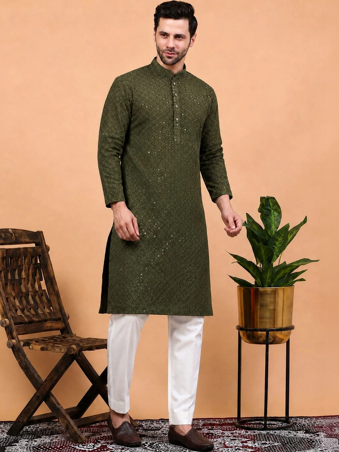 ORIFAB Men Ethnic Motifs Embroidered Regular Thread Work Kurta with Trousers