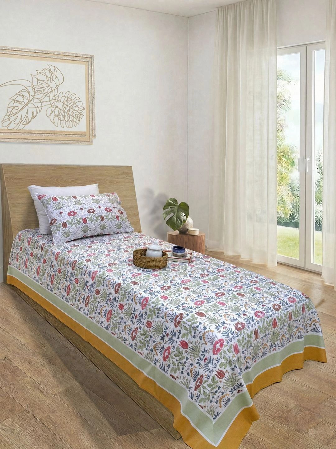 TOAI White & Pink Floral 300 TC Single Bedsheet with 1 Pillow Covers