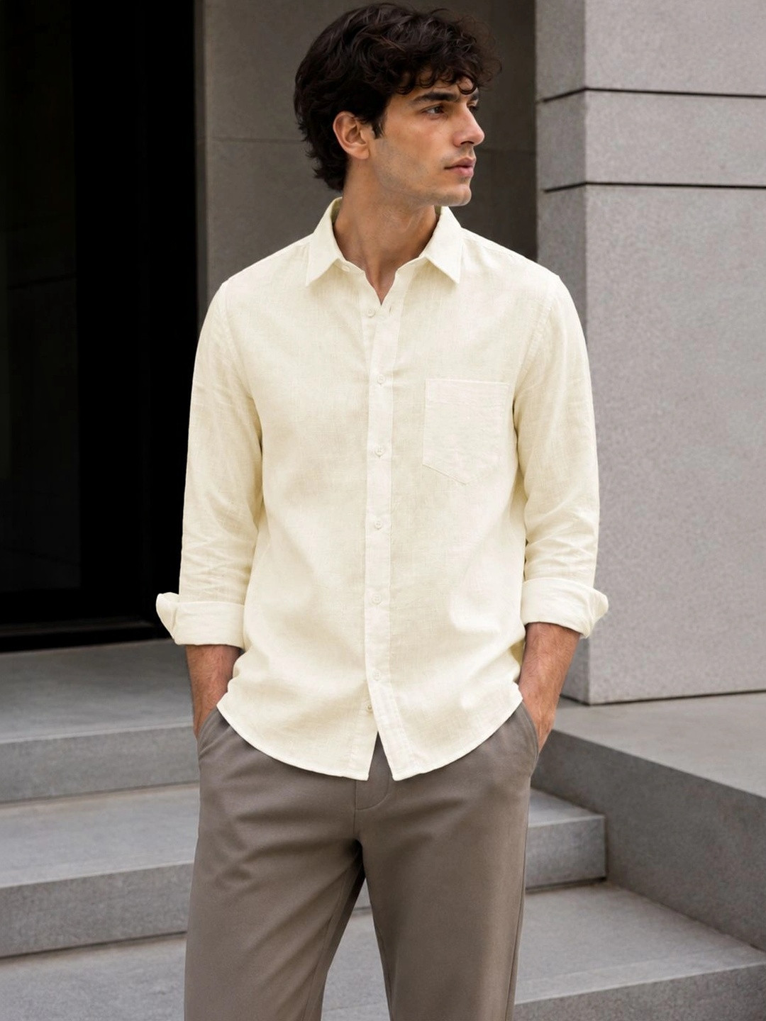 FRANKSHIRT Men's CreamTextured Linen Shirt Full Sleeve Casual Regular Fit Shirt