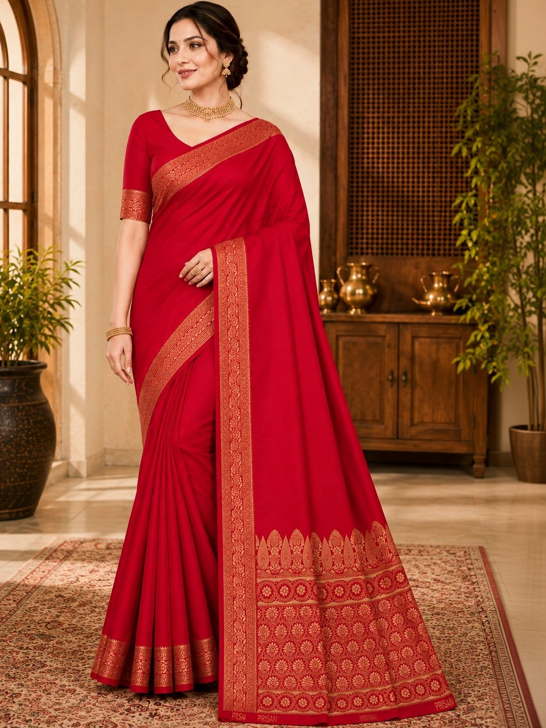 Prisan Women Red Woven Banarasi Soft Silk Saree with Unstitched Blouse