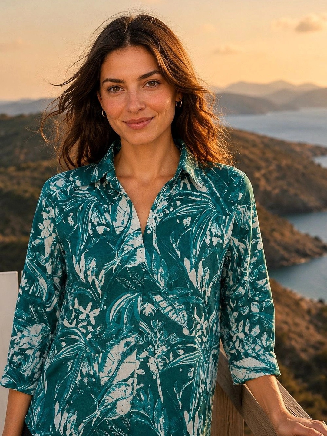 Mast & Harbour Tropical Print Roll-Up Sleeves Tropical Georgette Top