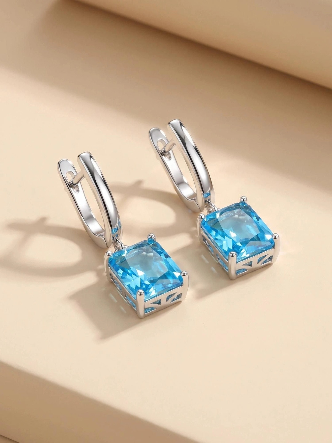 MYKI Stainless Steel Silver Plated Cubic Zirconia Studded Square Shaped Drop Earrings