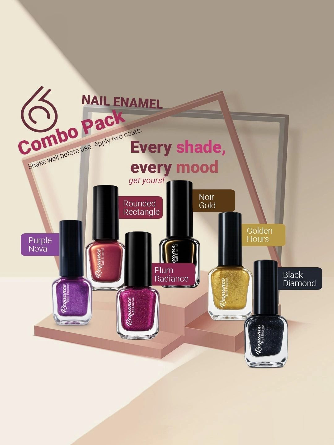 REQUANCE 6Ps LongLasting NailPolish-6mlEach Purple-Rounded Rectangl-Plum-Noir-Golden-Black