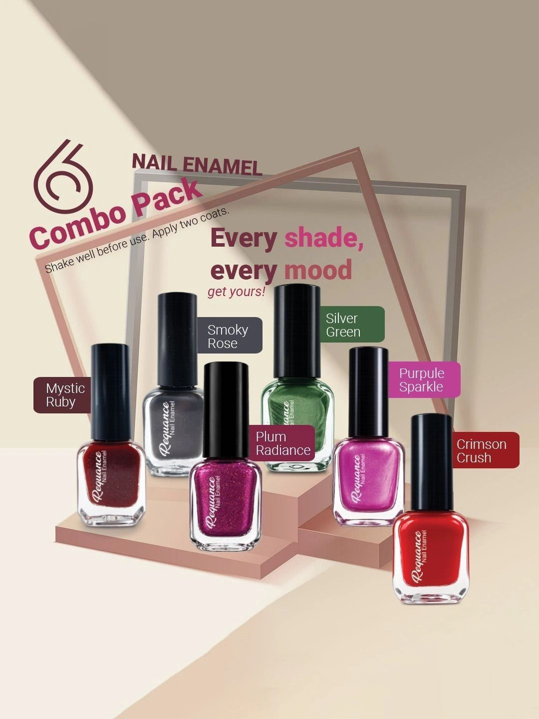 REQUANCE 6Ps LongLasting NailPolish-6ml Each Smoky Rose-Plum-Ruby-Green-Purple-Crimson